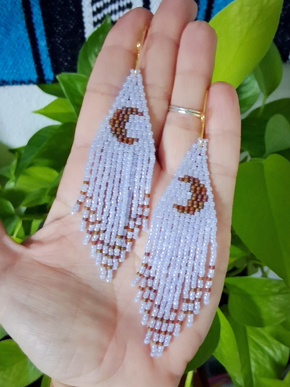 Lavender Beaded Fringe Earrings with Crescent Moon Design